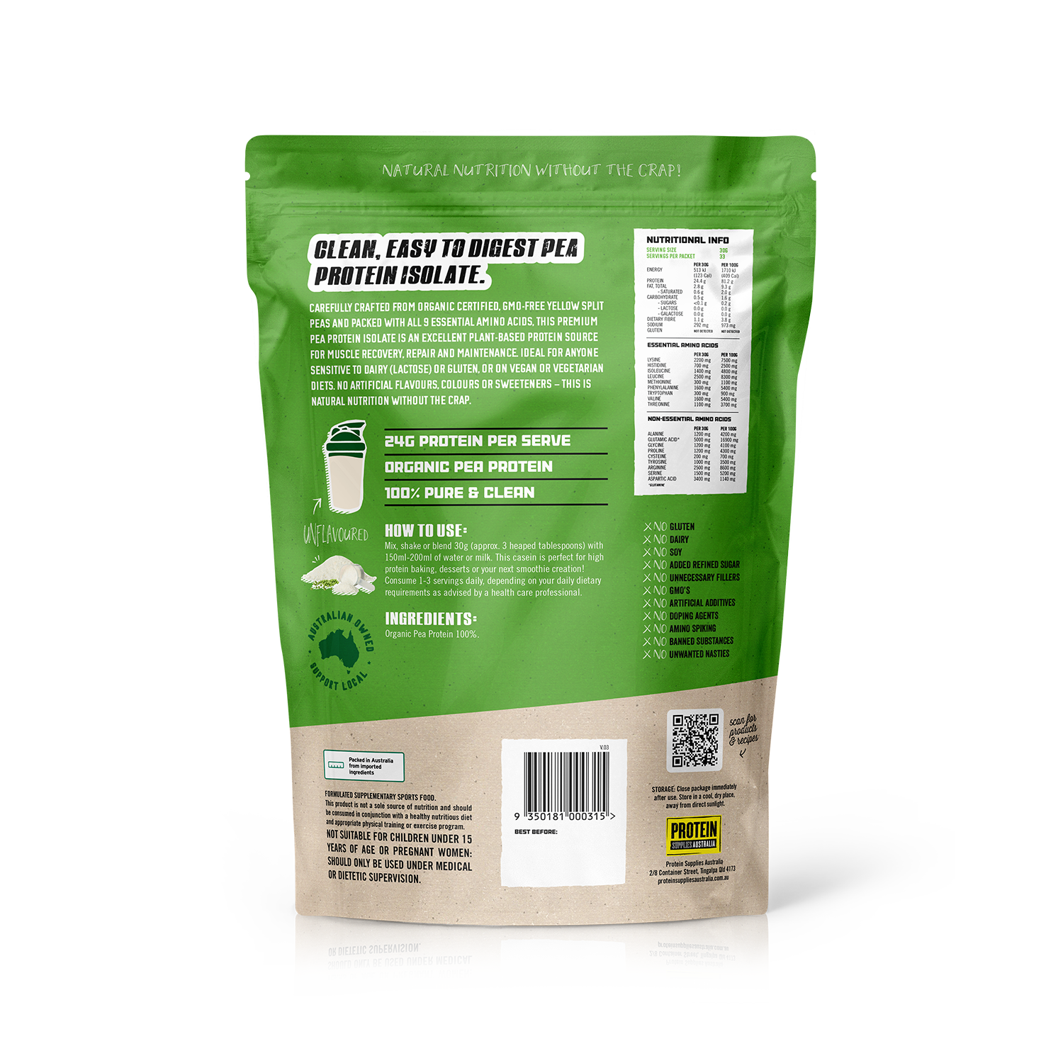 ORGANIC PEA PROTEIN ISOLATE - UNFLAVOURED Protein Protein Supplies Australia