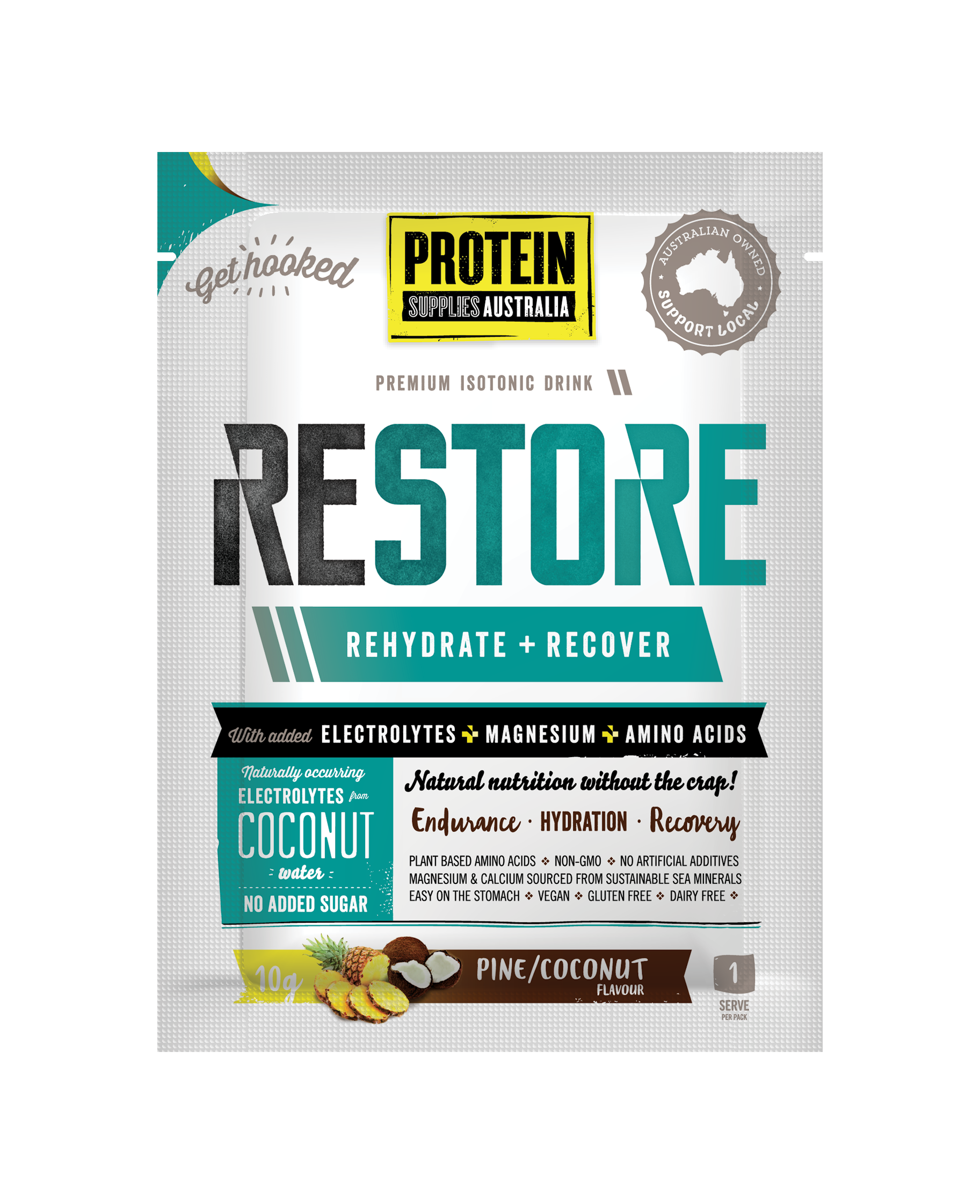 SAMPLE RESTORE HYDRATION - PINE COCONUT Aminos Protein Supplies Australia 10G Single Serve